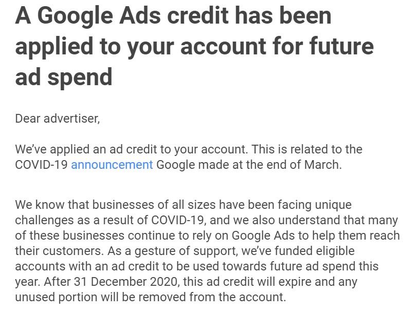 Google Ad Credit Email