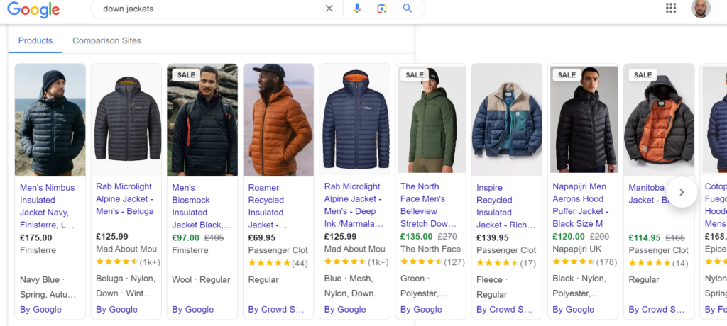 Google Shopping results